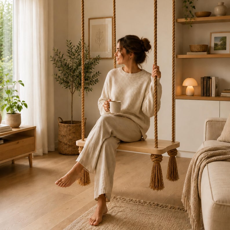 May include: A wooden indoor swing suspended by thick, natural-coloured twisted rope with decorative tassels at the base. The swing features a smooth, light-toned wooden seat and is designed for interior use, providing a stable platform for sitting.