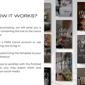 May include: A set of nine Canva templates for social media posts. The templates feature a variety of topics, including skincare routines, photo dumps, date night ideas, outfits of the week, brunch spots, and current favorites. The templates are designed in a minimalist style with white text on a dark background.