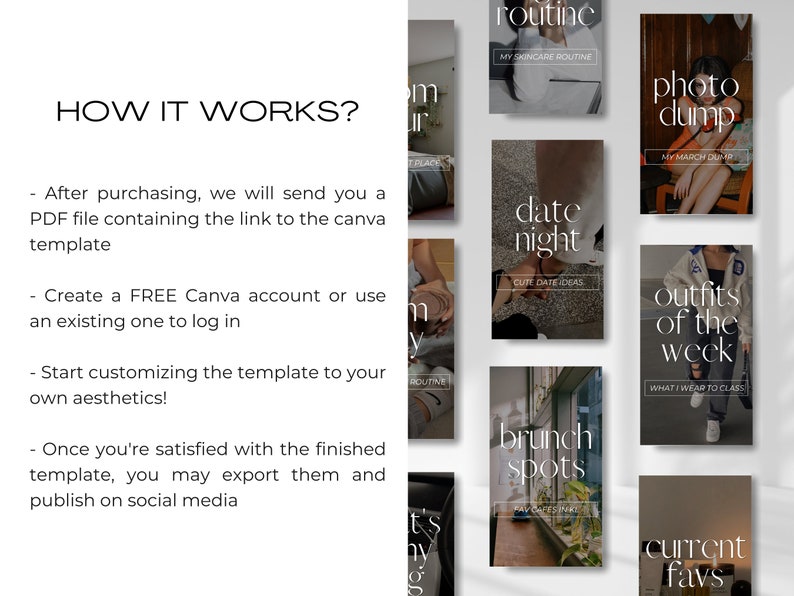 May include: A set of nine Canva templates for social media posts. The templates feature a variety of topics, including skincare routines, photo dumps, date night ideas, outfits of the week, brunch spots, and current favorites. The templates are designed in a minimalist style with white text on a dark background.
