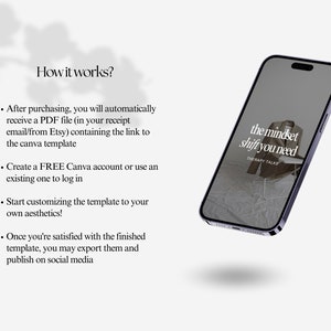 May include: A smartphone mockup displaying a Canva template with the text "the mindset shift you need" and "THERAPY TALKS". The template features a gray background with a brown jacket on a white ironing board.