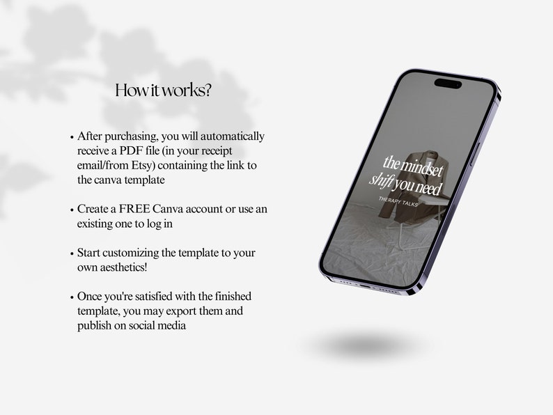 May include: A smartphone mockup displaying a Canva template with the text "the mindset shift you need" and "THERAPY TALKS". The template features a gray background with a brown jacket on a white ironing board.