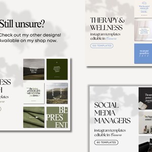 May include: A digital marketing product mockup featuring three different sets of Instagram templates for wellness coaches, social media managers, and therapists. The templates are editable in Canva and feature a minimalist design with a white background and green and blue accents.