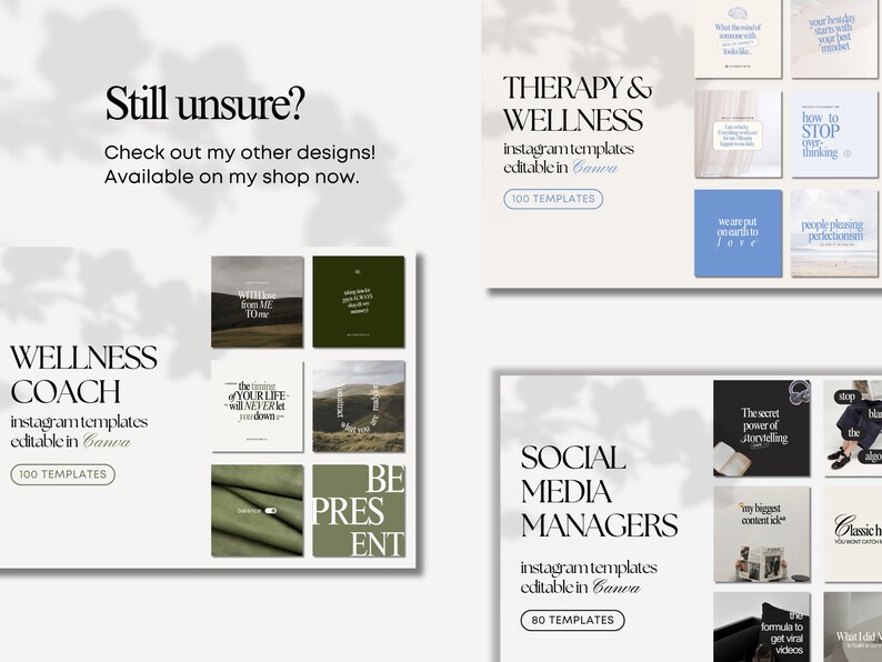 May include: A digital marketing product mockup featuring three different sets of Instagram templates for wellness coaches, social media managers, and therapists. The templates are editable in Canva and feature a minimalist design with a white background and green and blue accents.
