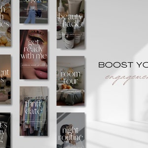 May include: A collage of Instagram story ideas for boosting engagement. The ideas include "lunch with besties", "get ready with me", "current favs", "thrift date", "what's in my bag", "night routine", "room tour", and "beauty hack".