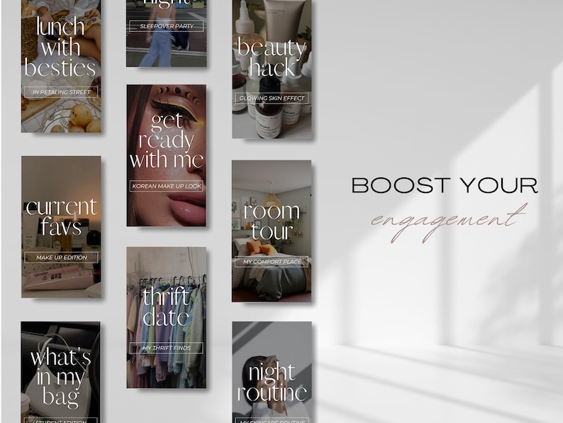 May include: A collage of Instagram story ideas for boosting engagement. The ideas include "lunch with besties", "get ready with me", "current favs", "thrift date", "what's in my bag", "night routine", "room tour", and "beauty hack".