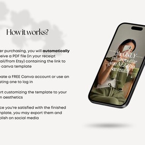 May include: A smartphone mockup showing a Canva template for a pilates routine. The text on the template reads "the ONLY pilates routine you NEED to see results".