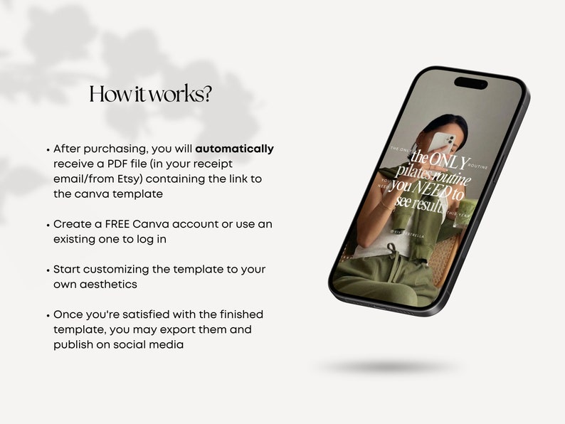 May include: A smartphone mockup showing a Canva template for a pilates routine. The text on the template reads "the ONLY pilates routine you NEED to see results".