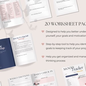 May include: A collection of 20 worksheet pages designed to help with self-understanding, goal setting, and organization. The pages include a workbook titled "Navigating Self-Sabotage", a mood tracker, and daily check-in sheets. The design features a soft pink and navy blue color scheme.