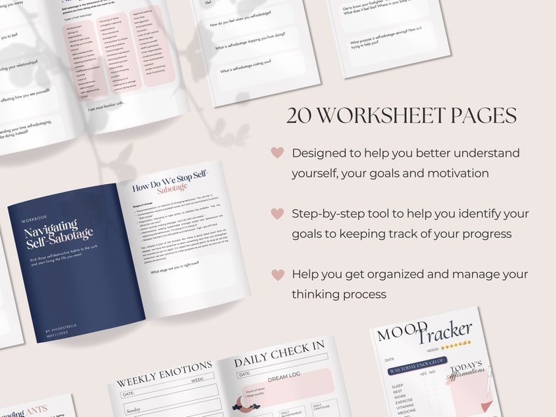 May include: A collection of 20 worksheet pages designed to help with self-understanding, goal setting, and organization. The pages include a workbook titled "Navigating Self-Sabotage", a mood tracker, and daily check-in sheets. The design features a soft pink and navy blue color scheme.