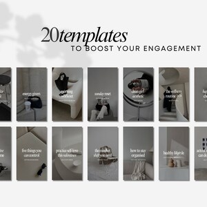 May include: A collage of 20 Instagram story templates with text overlays on a gray background. The text includes phrases like "remarkable your life", "energy givers", "morning workout", "clean girl aesthetic", "the wellness routine", "happy girl checklist", "a productive day with me", "five things you can control", "practice self-love this valentines", "the mindset shift you need", "how to stay organised", "healthy lifestyle", and "acts of self-love you can do this week".