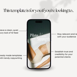 May include: A mobile phone screen displaying a social media post for a Pilates studio. The post features a woman in a beige sports bra and underwear, with the text "Pilates Strength" in white lettering. The post is captioned "Achieve a clean, quiet luxury look of IG feed. Get ready made templates with trendy copywriting. Stay relevant and resonate with your audience. Establish trust and credibility for your potential clients."