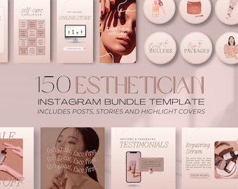 May include: A set of 150 Instagram templates for estheticians. The templates include posts, stories, and highlight covers. The templates feature a pink and white colour scheme and include text such as "self-care challenge", "visit our new online store", "don't hate: exfoliate", "best sellers", "shop packages", "feel great, face first", "reviews & feedbacks testimonials", "repairing serum", and "sale 50% off".