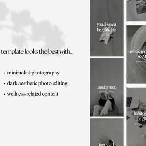 May include: A collage of images with text overlays. The images are in a dark aesthetic style and feature minimalist photography, wellness-related content, and text that reads "you deserve a beautiful life", "sunday reset", "realistic morning // ASMR", and "habits goals for 2024".