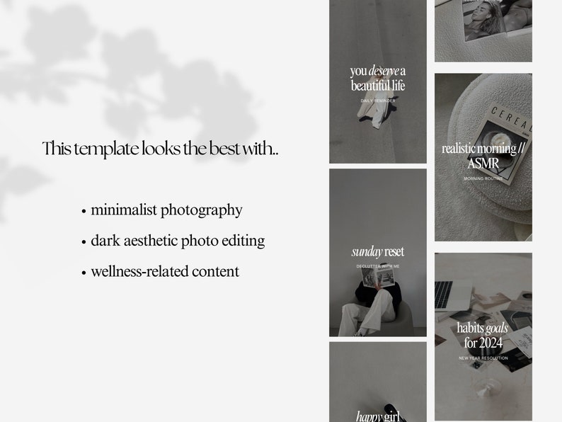 May include: A collage of images with text overlays. The images are in a dark aesthetic style and feature minimalist photography, wellness-related content, and text that reads "you deserve a beautiful life", "sunday reset", "realistic morning // ASMR", and "habits goals for 2024".
