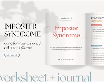 May include: A worksheet and journal set for imposter syndrome, with a pink and white color scheme. The title "Imposter Syndrome" is in a large, bold font. The text "done-for-you worksheet editable in Canva" is below the title. The text "40 pages" is in a button shape. The text "worksheet + journal" is at the bottom of the image.