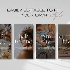 May include: Four Instagram story templates with different themes: lunch with besties, hair routine, gym day, and current favs. Each template features a photo and text overlay.