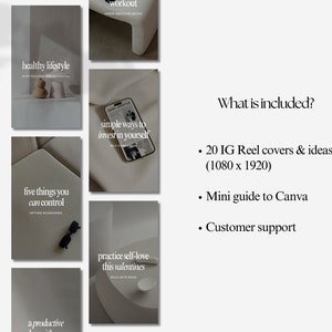 May include: A set of 7 Instagram story templates with minimalist design and text overlays. The templates feature topics like healthy lifestyle, investing in yourself, and practicing self-love. The text "What is included?" is displayed with a list of items: 20 IG Reel covers & ideas (1080 x 1920), Mini guide to Canva, and Customer support.