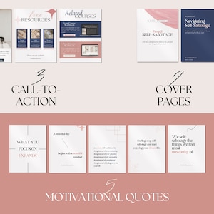 May include: A digital marketing graphic with a pink and white color scheme. The image includes three call-to-action sections, two cover pages, and five motivational quotes. Text includes "Thank You", "Free Resources", and "Related Courses".