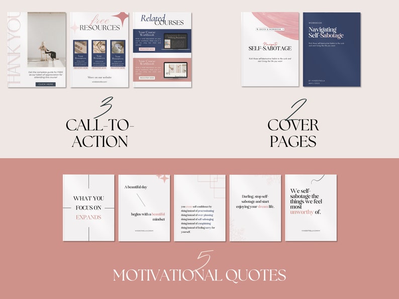 May include: A digital marketing graphic with a pink and white color scheme. The image includes three call-to-action sections, two cover pages, and five motivational quotes. Text includes "Thank You", "Free Resources", and "Related Courses".