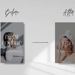 May include: Before and after image showing a woman's skincare routine. The image on the left shows the woman with her face covered by her hand. The image on the right shows the woman with a towel on her head and her face visible. The text on both images reads "night routine" and "my skincare routine".