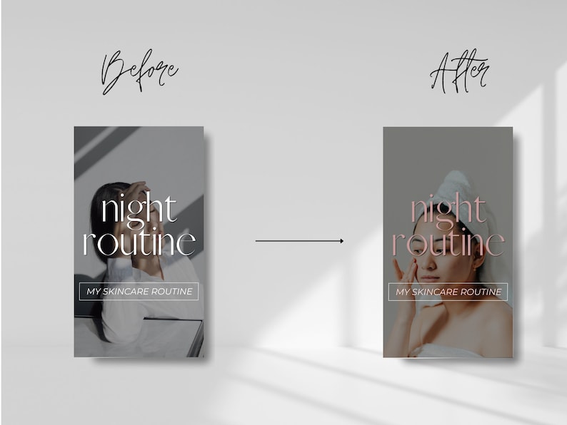 May include: Before and after image showing a woman's skincare routine. The image on the left shows the woman with her face covered by her hand. The image on the right shows the woman with a towel on her head and her face visible. The text on both images reads "night routine" and "my skincare routine".