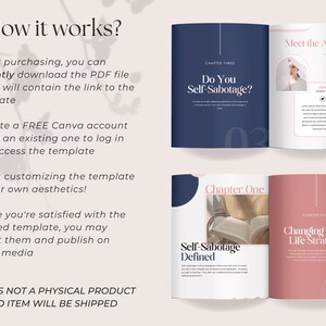 May include: A digital template displayed as an open book with a pink and navy blue color scheme. The text includes "Do You Self-Sabotage?" and "Changing Your Life Strategy". The image also shows instructions on how to use the template.