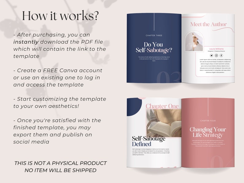 May include: A digital template displayed as an open book with a pink and navy blue color scheme. The text includes "Do You Self-Sabotage?" and "Changing Your Life Strategy". The image also shows instructions on how to use the template.