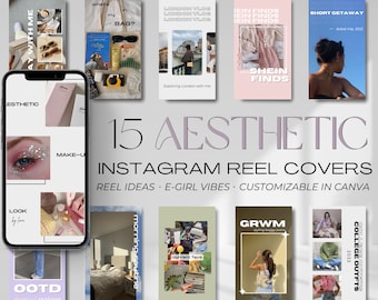 May include: A collage of 15 Instagram reel covers with aesthetic designs. The covers feature various themes, including fashion, beauty, travel, and lifestyle. The text "15 Aesthetic Instagram Reel Covers" is displayed in the center of the image.