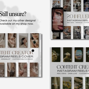 May include: A set of 20 Instagram reel covers for content creators. The covers feature minimalist designs with a neutral color palette. The text "20 Influencer Instagram Reel Covers" is displayed at the top of the image. The text "Reel Ideas - Minimalist - Customizable in Canva" is displayed below the covers.