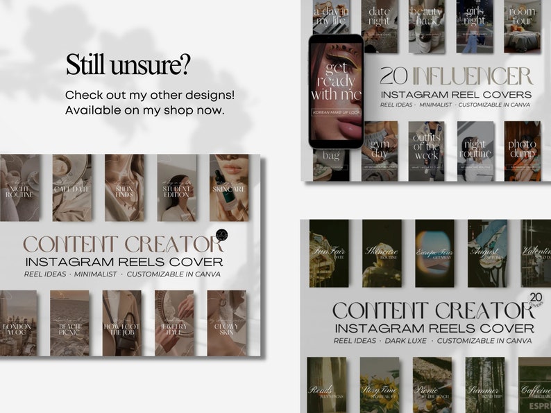 May include: A set of 20 Instagram reel covers for content creators. The covers feature minimalist designs with a neutral color palette. The text "20 Influencer Instagram Reel Covers" is displayed at the top of the image. The text "Reel Ideas - Minimalist - Customizable in Canva" is displayed below the covers.