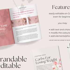 May include: A mockup of a book spread with the title "Changing Your Life Strategy" and the text "rebrandable & editable." Additional pages show "Carbs For Losing Weight" and "Weight & Protein." The features include easy editing on Canva.
