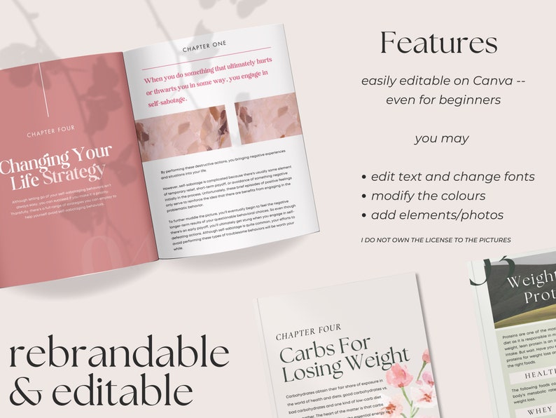 May include: A mockup of a book spread with the title "Changing Your Life Strategy" and the text "rebrandable & editable." Additional pages show "Carbs For Losing Weight" and "Weight & Protein." The features include easy editing on Canva.