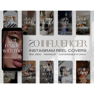 May include: A set of 20 Instagram reel covers with minimalist designs. The covers feature text such as "a day in my life", "date night", "beauty hack", "girls night", "room tour", "get ready with me", "bag", "gym day", "outfits of the week", "night routine", and "photo dump".