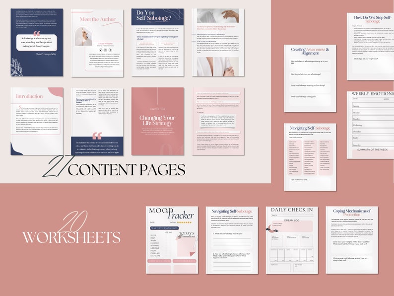 May include: A digital self-help workbook with 27 content pages and 20 worksheets. The pages feature a soft color palette of pink, white, and navy blue. The workbook includes sections on self-sabotage, mood tracking, and daily check-ins.