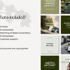 May include: A set of 57 Instagram post templates and 57 matching Instagram Reels cover or story templates. The templates feature a green color scheme and motivational quotes. The text includes "Is it okay to workout if you're sore?", "Sweat now shine later", "Chocolate cravings? We got you.", "I'm entering a new era of me", "Ready for a quick sweat?" and "Morning workout".