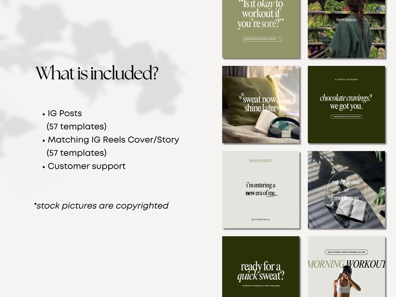 May include: A set of 57 Instagram post templates and 57 matching Instagram Reels cover or story templates. The templates feature a green color scheme and motivational quotes. The text includes "Is it okay to workout if you're sore?", "Sweat now shine later", "Chocolate cravings? We got you.", "I'm entering a new era of me", "Ready for a quick sweat?" and "Morning workout".