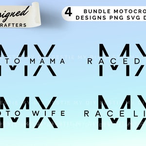 May include: A set of four black and white motocross designs featuring the letters "MV" with different text below. The text includes "Moto Mama", "Race Day", "Moto Wife", and "Race Life".