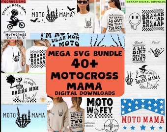 May include: A digital download bundle of 40+ motocross mama SVG designs. The designs feature a variety of graphics, including skeletons, skulls, and checkered flags. The text "MEGA SVG BUNDLE 40+ MOTOCROSS MAMA DIGITAL DOWNLOADS" is displayed in bold black letters on a red background.