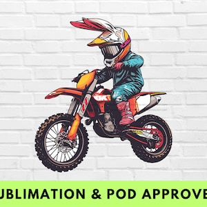 May include: A cartoon illustration of a person wearing a pink and white bunny helmet riding a dirt bike. The bike is orange and black with a white background.