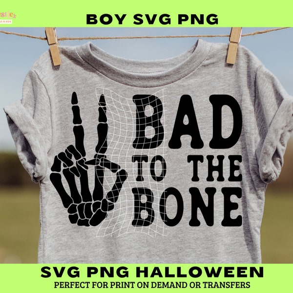Bad To The Bone PNG SVG kids Halloween Shirt for Boy Funny Boo Crew toddler boy Spooky Season Checkered Digital File Spooky Vibes Season