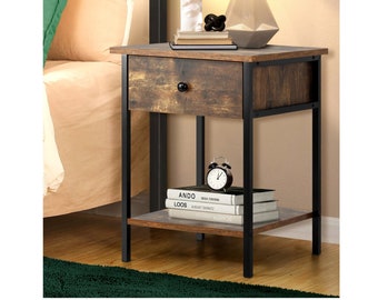 Handmade Furniture | Rustic Wooden Timber Bedside Table with Nightstand Storage and Table Lamp Cozy Bedroom Furniture | Handmade Furniture