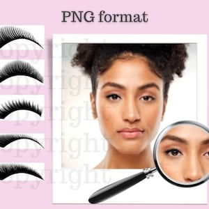 May include: Five different styles of false eyelashes are shown in a row. Each lash is shown on a white background. A magnifying glass is shown in the lower right corner of the image, showing a close-up of a woman's eye with false eyelashes.