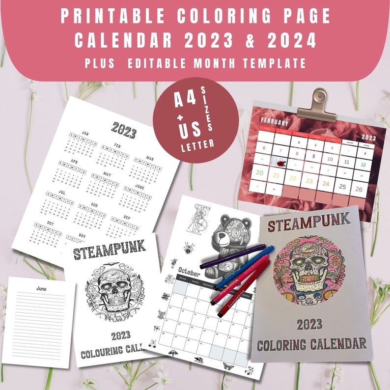Steampunk Calendar 2023 2024 Printable PDF Coloring Pages Black & White