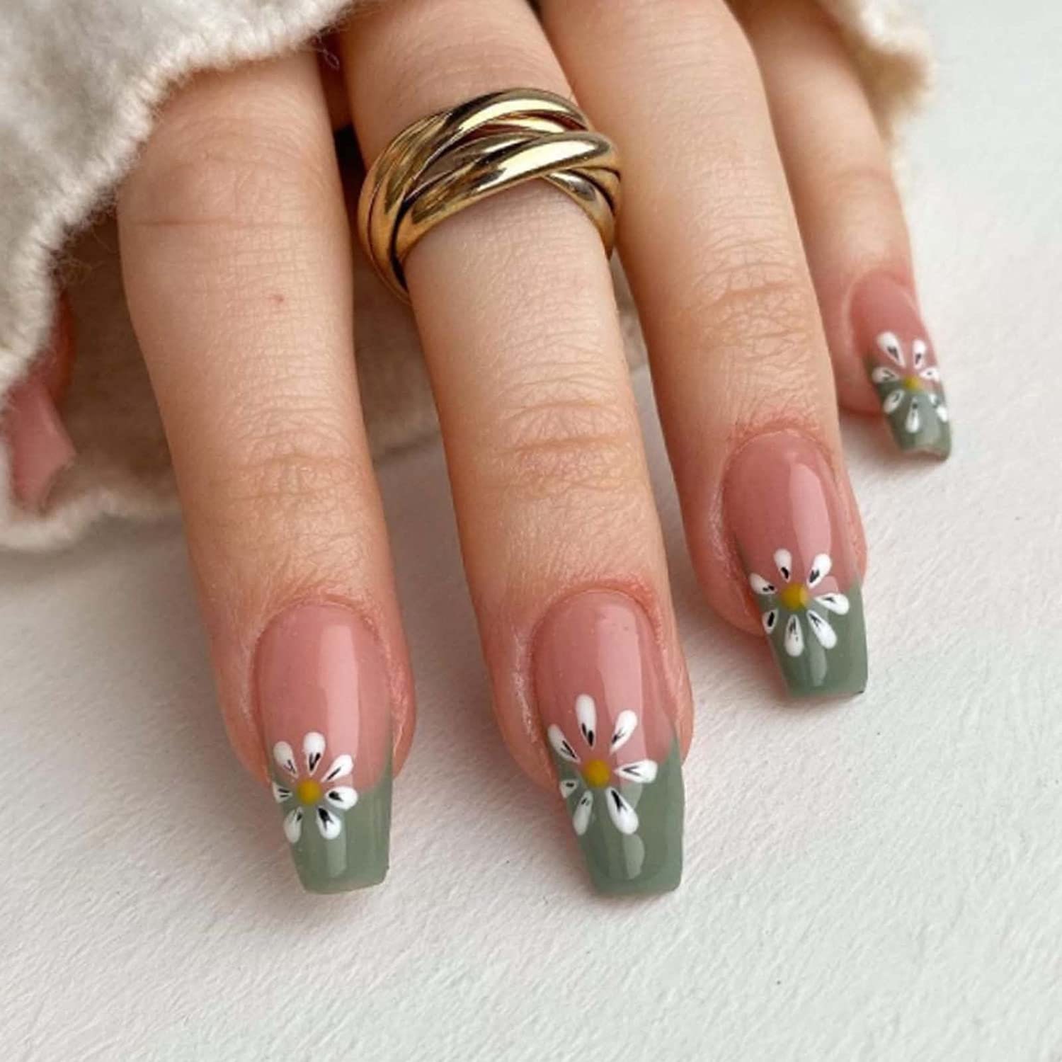 Neutral Nails With Green Tips and White Floral Nail Art - Etsy Neutral Nails With Green Tips and White Floral Nail Art - Etsy