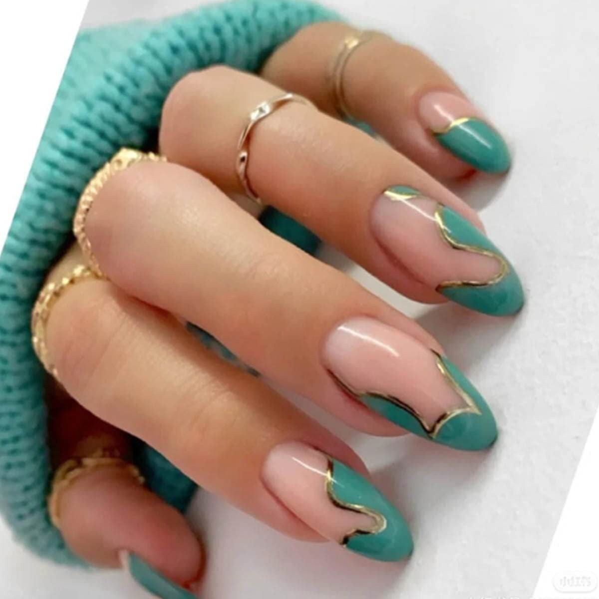 Neutral Nails With Gold and Turqoise Nail Art Almond Shaped - Etsy Neutral Nails With Gold and Turqoise Nail Art Almond Shaped - Etsy