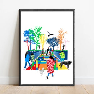 Puede incluir: Una ilustración colorida de personas paseando a sus perros por un camino bordeado de árboles. El camino está hecho de cuadrados coloridos y las personas visten ropa de diferentes colores. Hay un pájaro volando por encima.