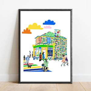 May include: A colourful illustration of a building with a green door and a sign that reads "Coffee & Tea", surrounded by people and bicycles. The building is decorated with a mosaic of colourful squares.