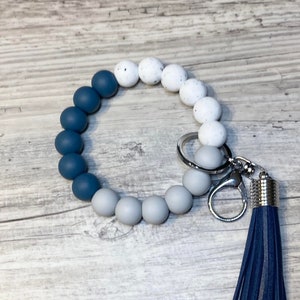Wristlet keychain, silicone beads, blue with tassel and lobster clasp key ring