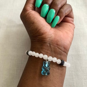 Yummie Gummies - White Jade Beaded Bracelet and Blue Raspberry Gummy Bear
