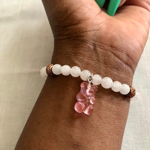 Yummie Gummies - White Jade Beaded Bracelet and Pink Lemonade Gummy Bear